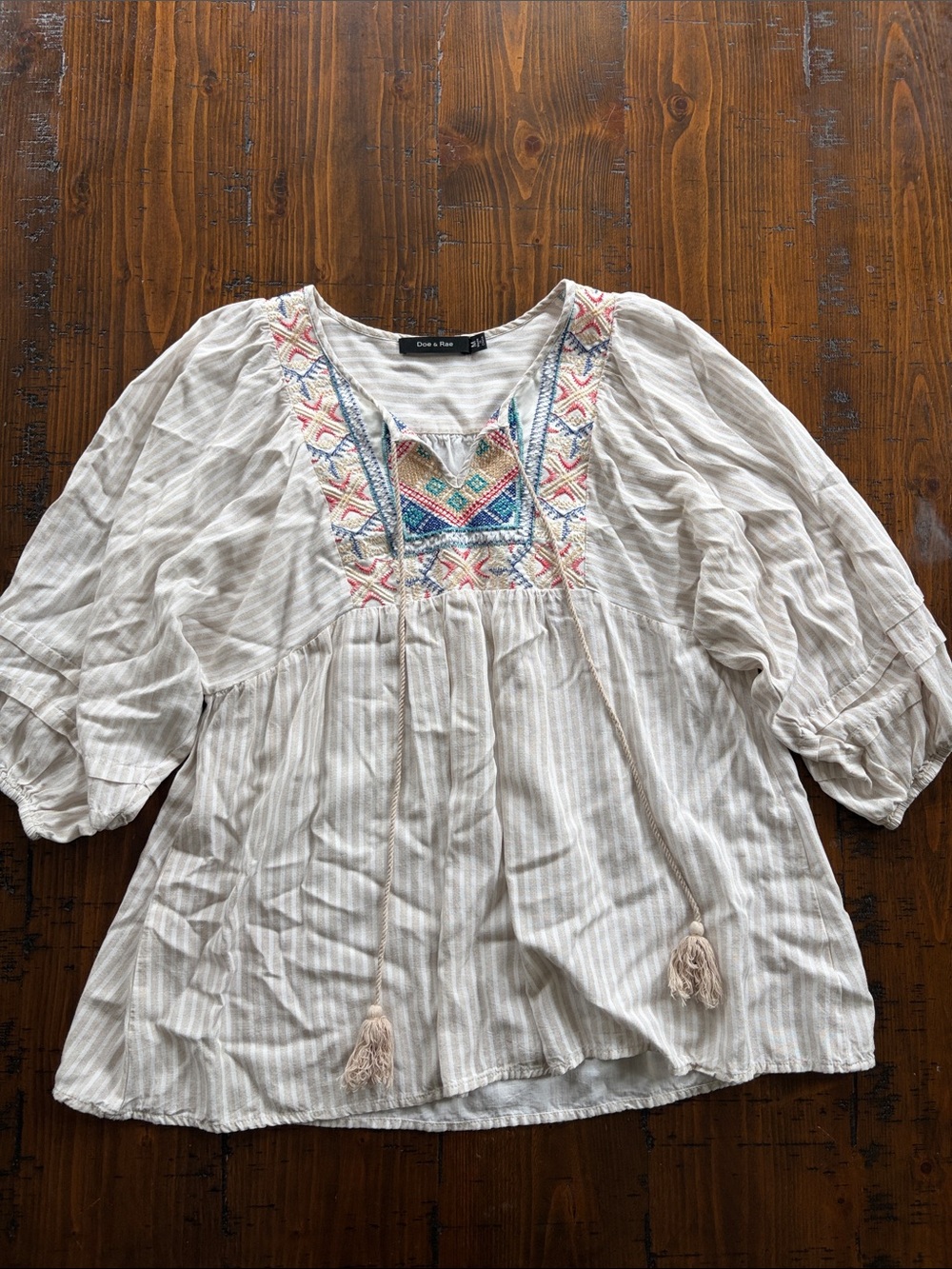 NWOT Ivory Embroidered Peasant Blouse with Multicolor Yoke